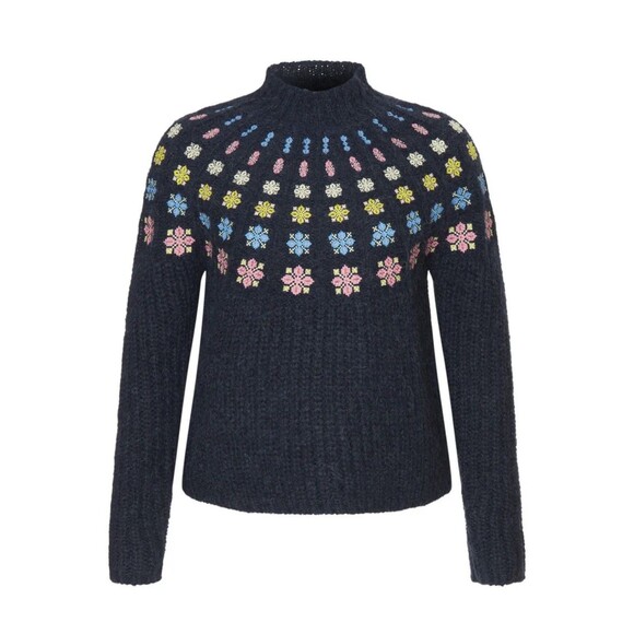 Boden Fluffy Embroidered Jumper Sweater Size 4 US Blue Knit Floral Mock Neck - Picture 1 of 10